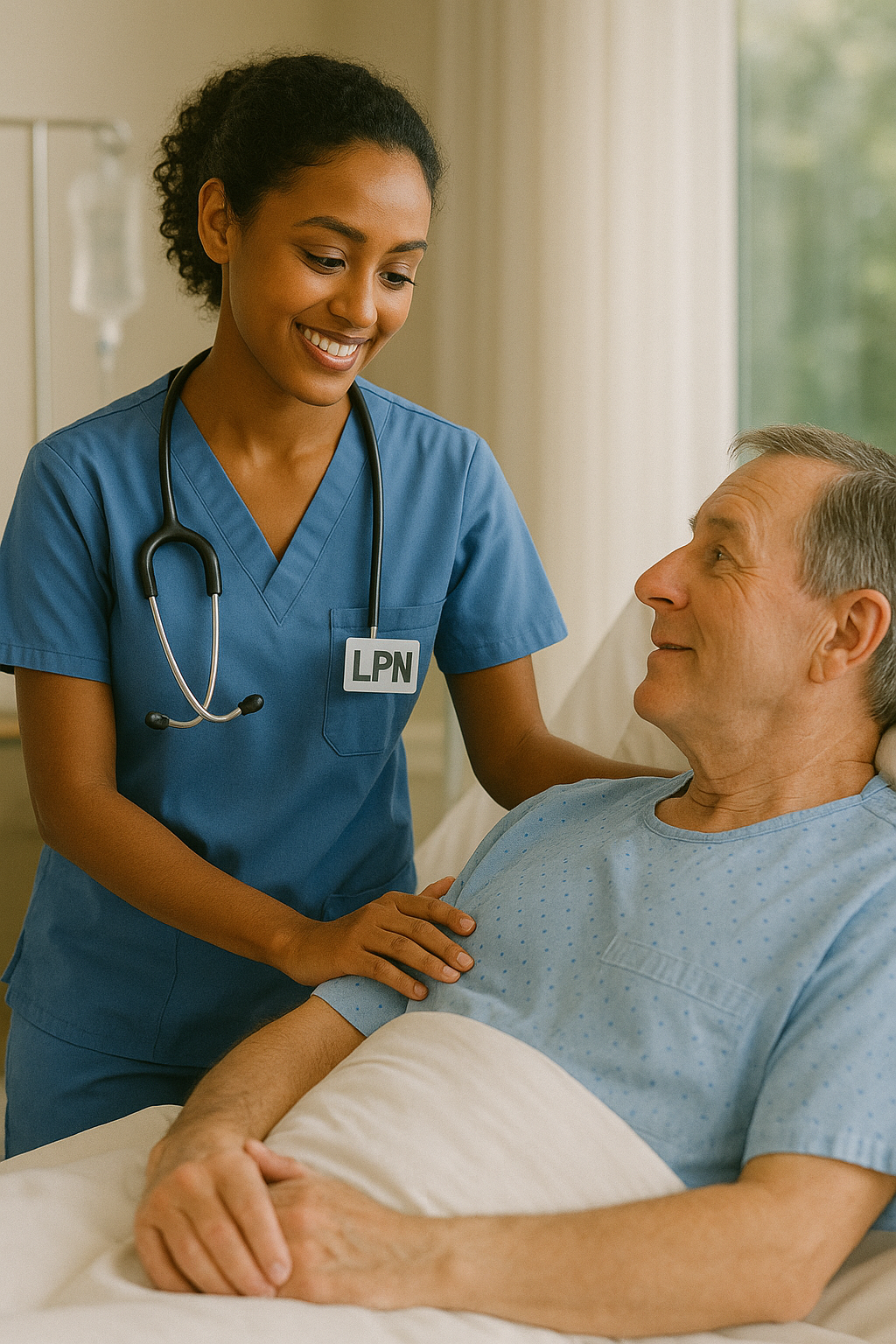 Licensed Practical Nurse attending to a patient in bed