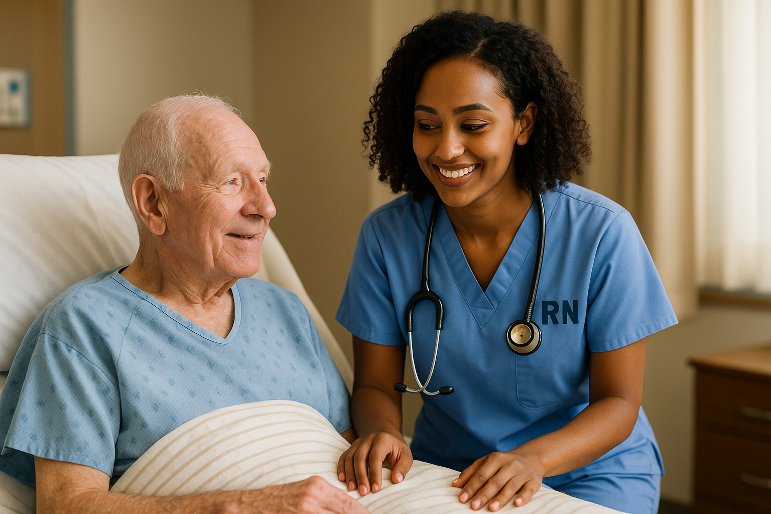 A smiling nurse providing compassionate care to an elderly patient.
